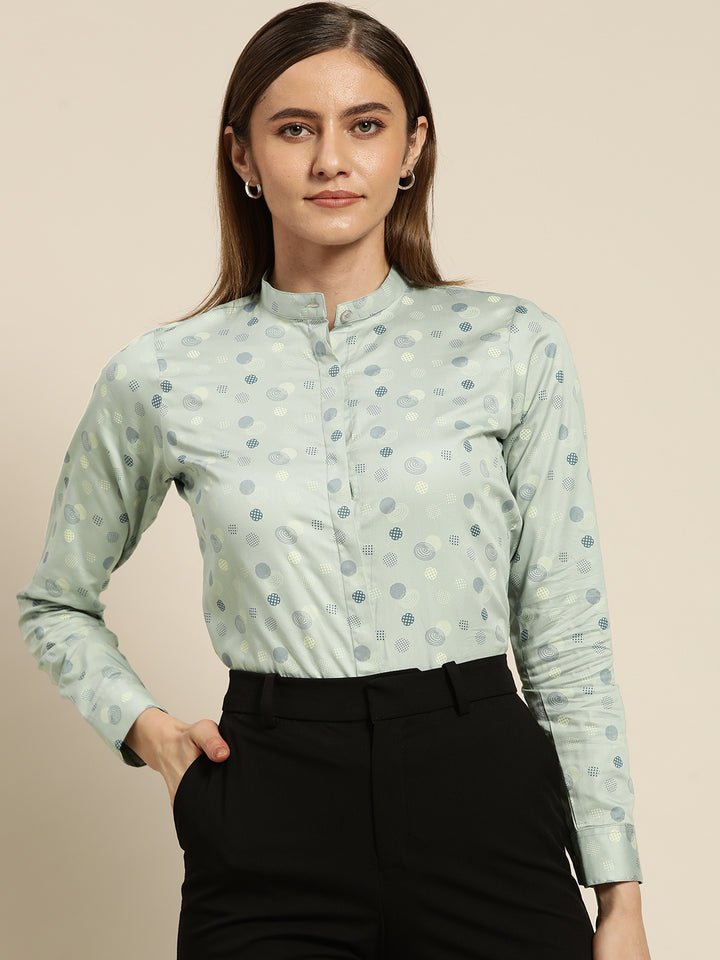 Women Blue & Grey Printed Pure Cotton Slim Fit Formal Shirt