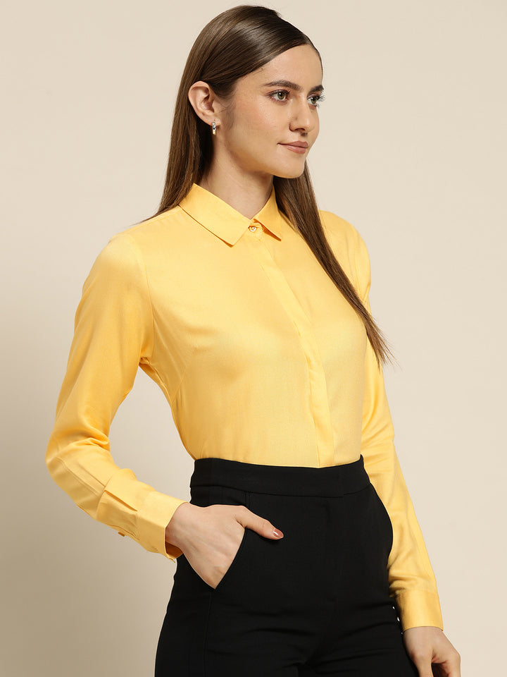 Women Yellow Solid Viscose Rayon Regular Fit Formal Shirt