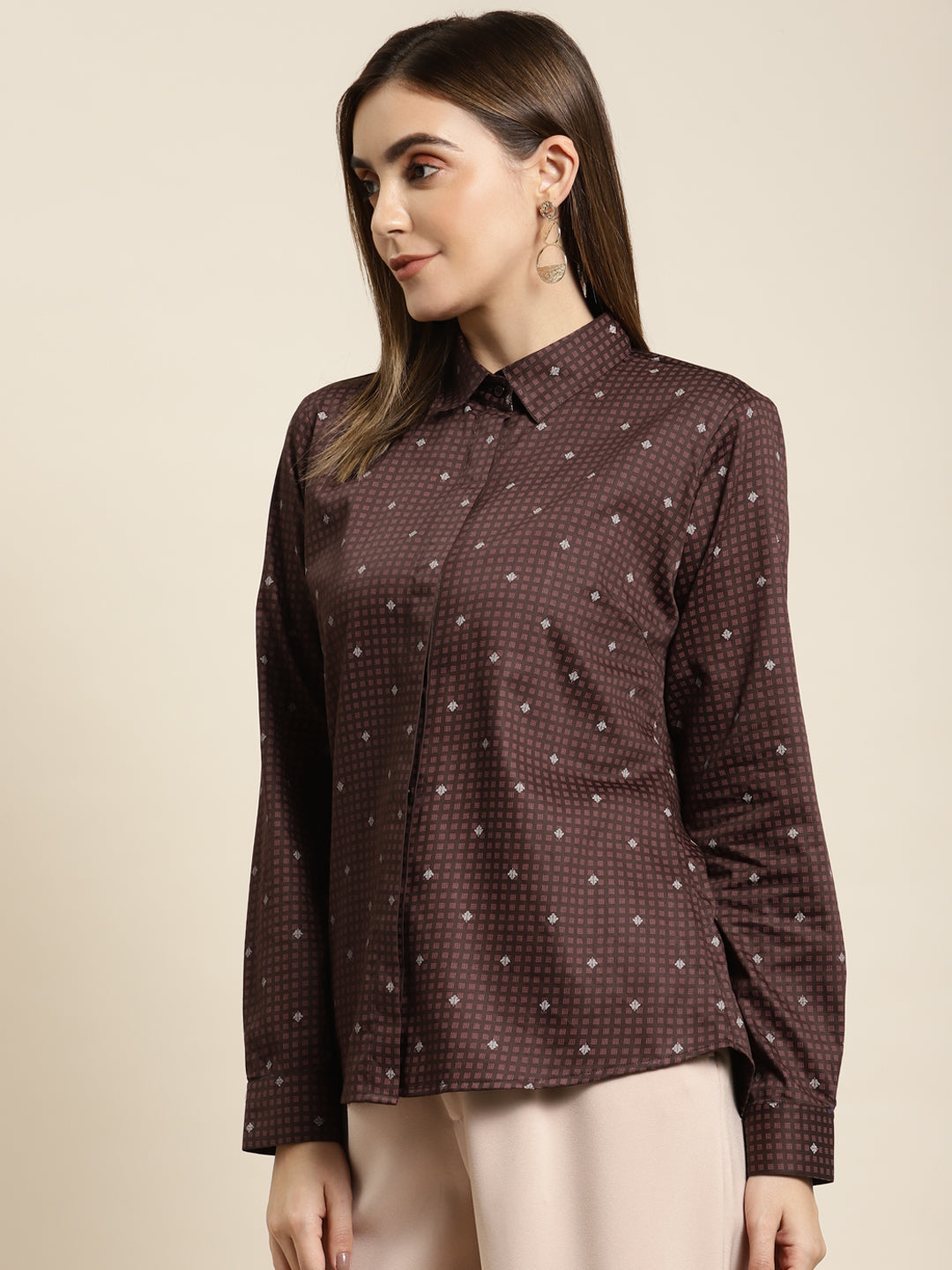 Women Burgundy Printed Pure Cotton Satin Regular Fit Formal Shirt