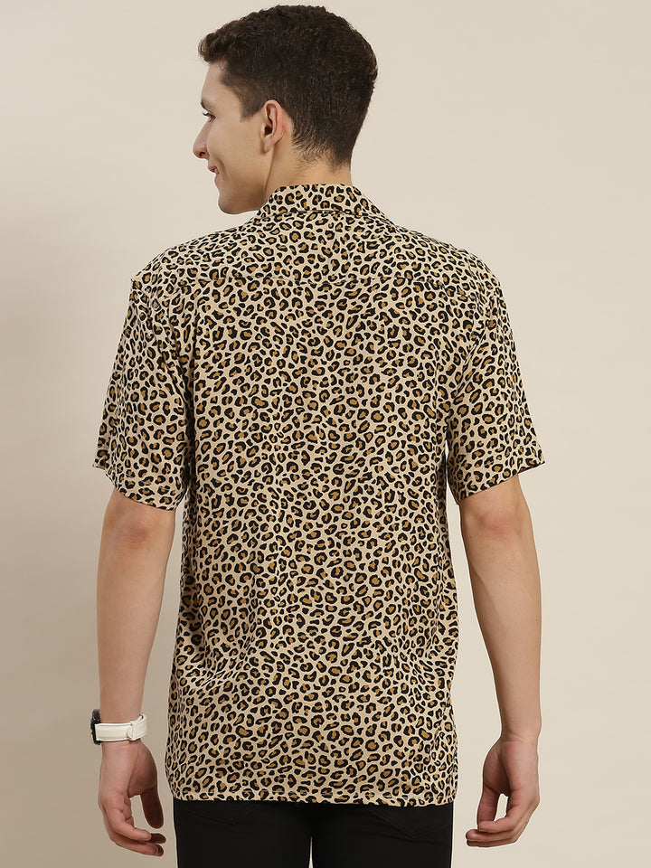 Men Beige & Black Leapord Printed Viscose Rayon Relaxed Fit Casual Resort Shirt