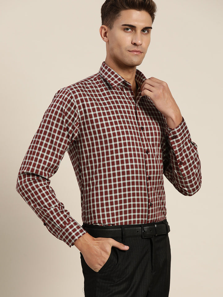 Men Maroon & Green Checks Pure Cotton Slim Fit Formal Shirt