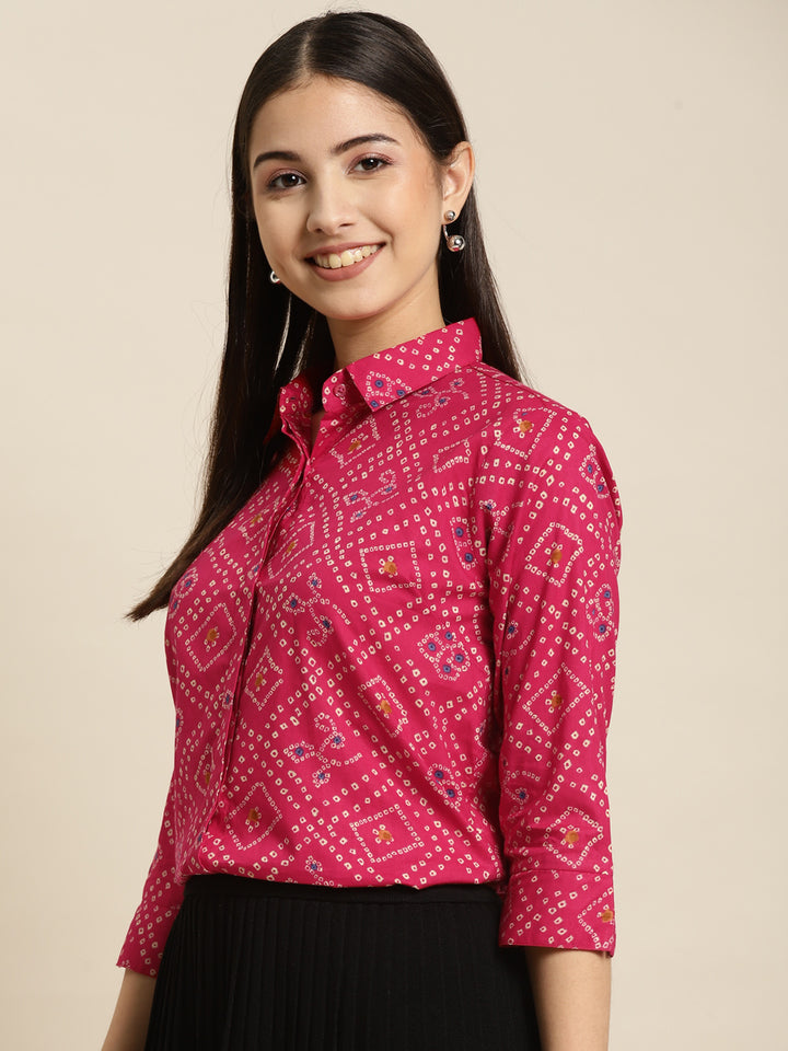 Women Magenta Printed Pure Cotton Regular Fit Formal Shirt