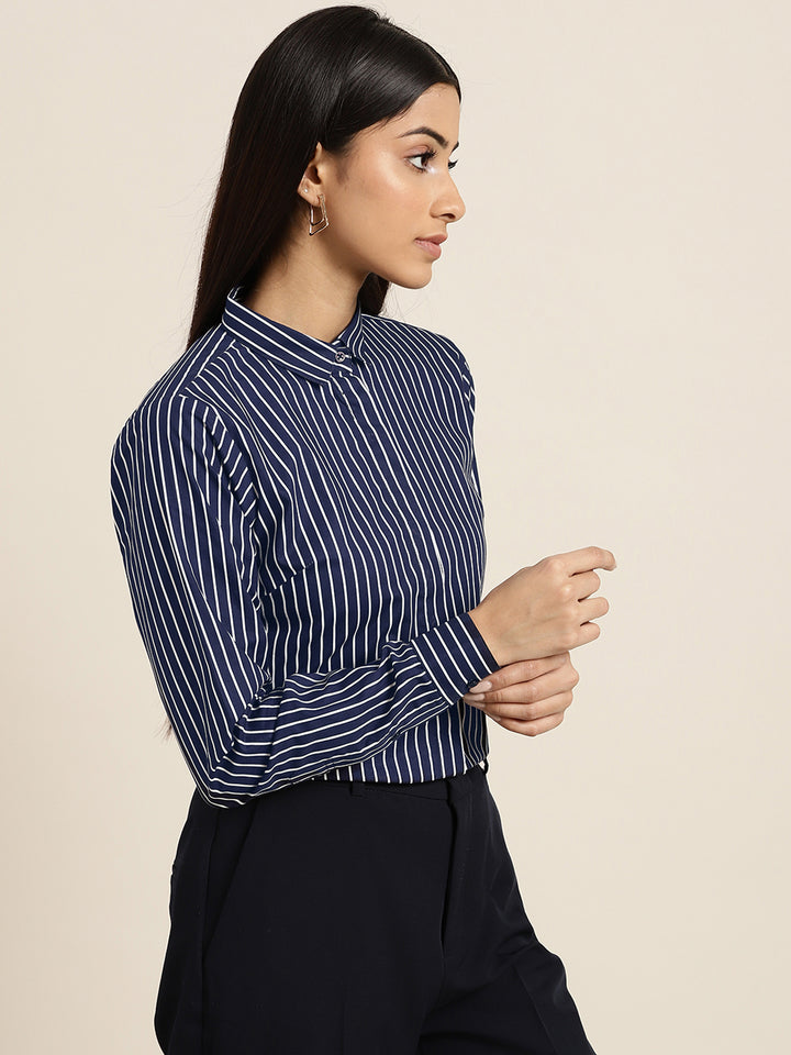Women Navy Stripes Pure Cotton Slim Fit Formal Shirt