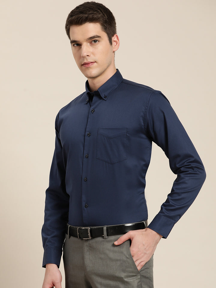 Men Navy Solid Pure Cotton Slim Fit Formal Shirt