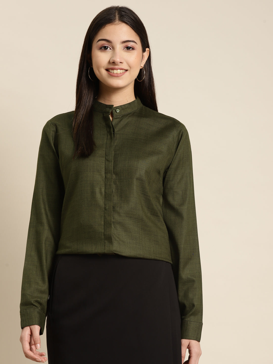 Women Olive Solid Pure Cotton Regular Fit Formal Shirt