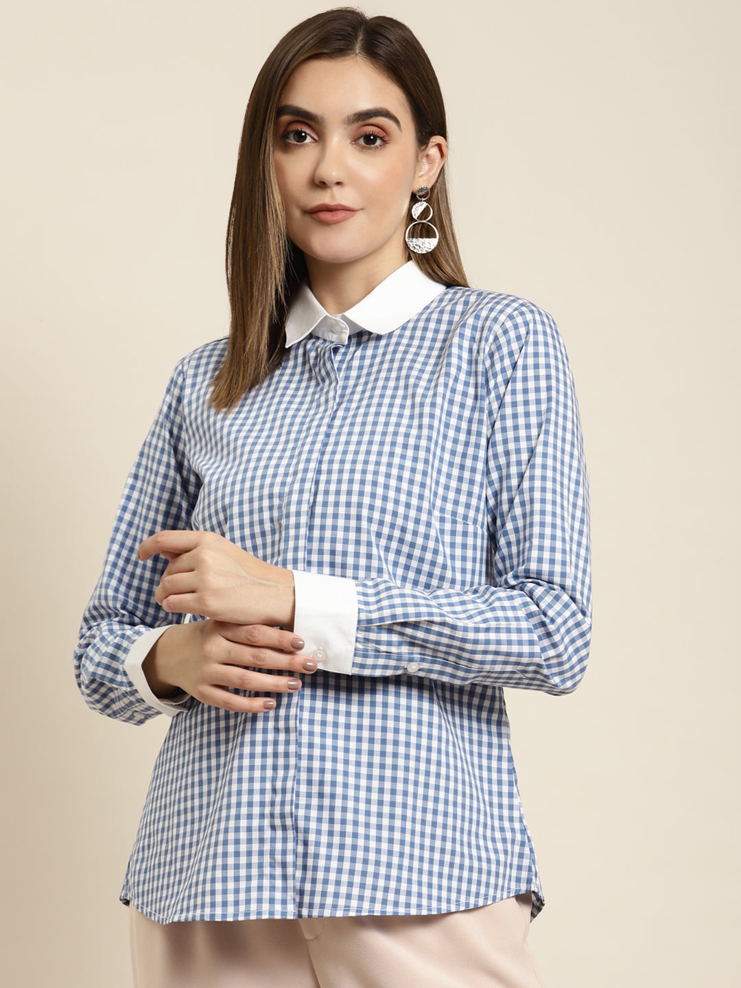 Women Blue & White Checked Pure Cotton Regular Fit Formal Shirt