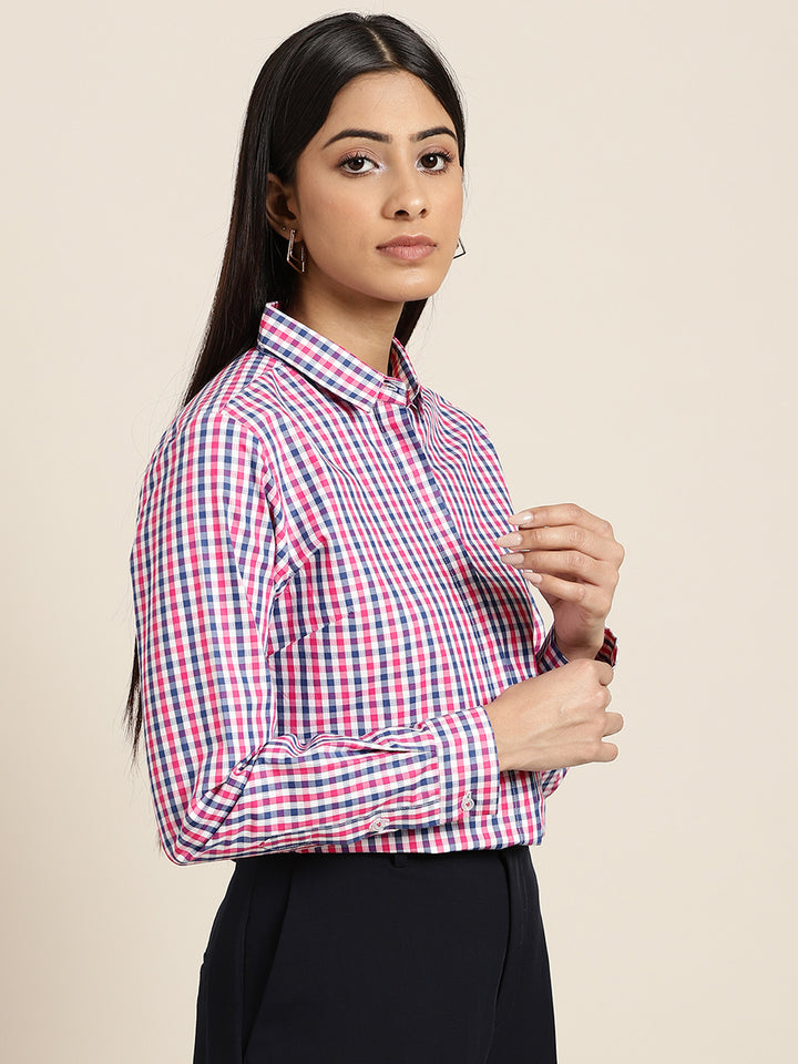 Women White & Pink Checks Pure Cotton Slim Fit Formal Shirt