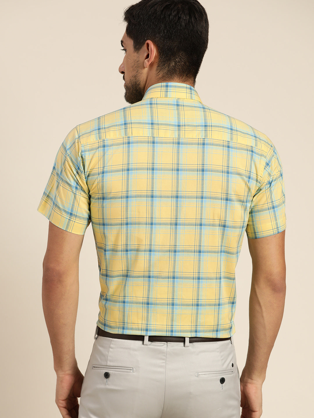 Men Yellow & Blue Checked Pure Cotton Slim Fit Formal Shirt