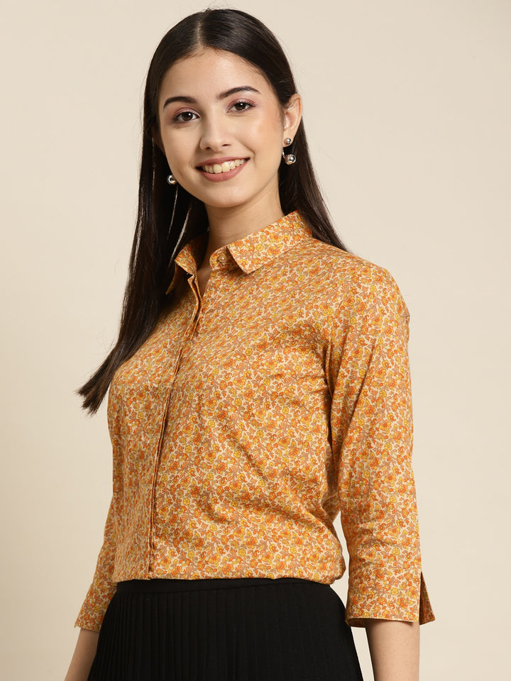 Women Beige & Yellow Printed Pure Cotton Regular Fit Formal Shirt