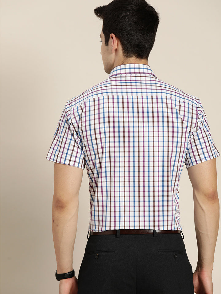 Men White & Blue Checks Pure Cotton Slim Fit Formal Shirt