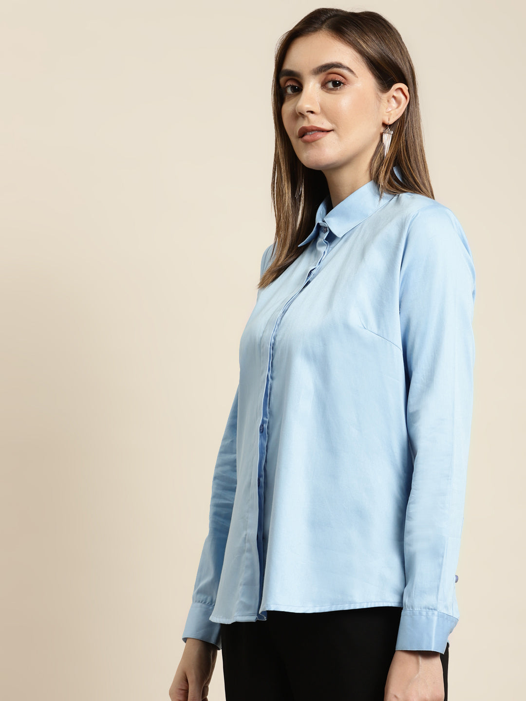 Women Blue Solid Pure Cotton Satin Regular Fit Formal Shirt
