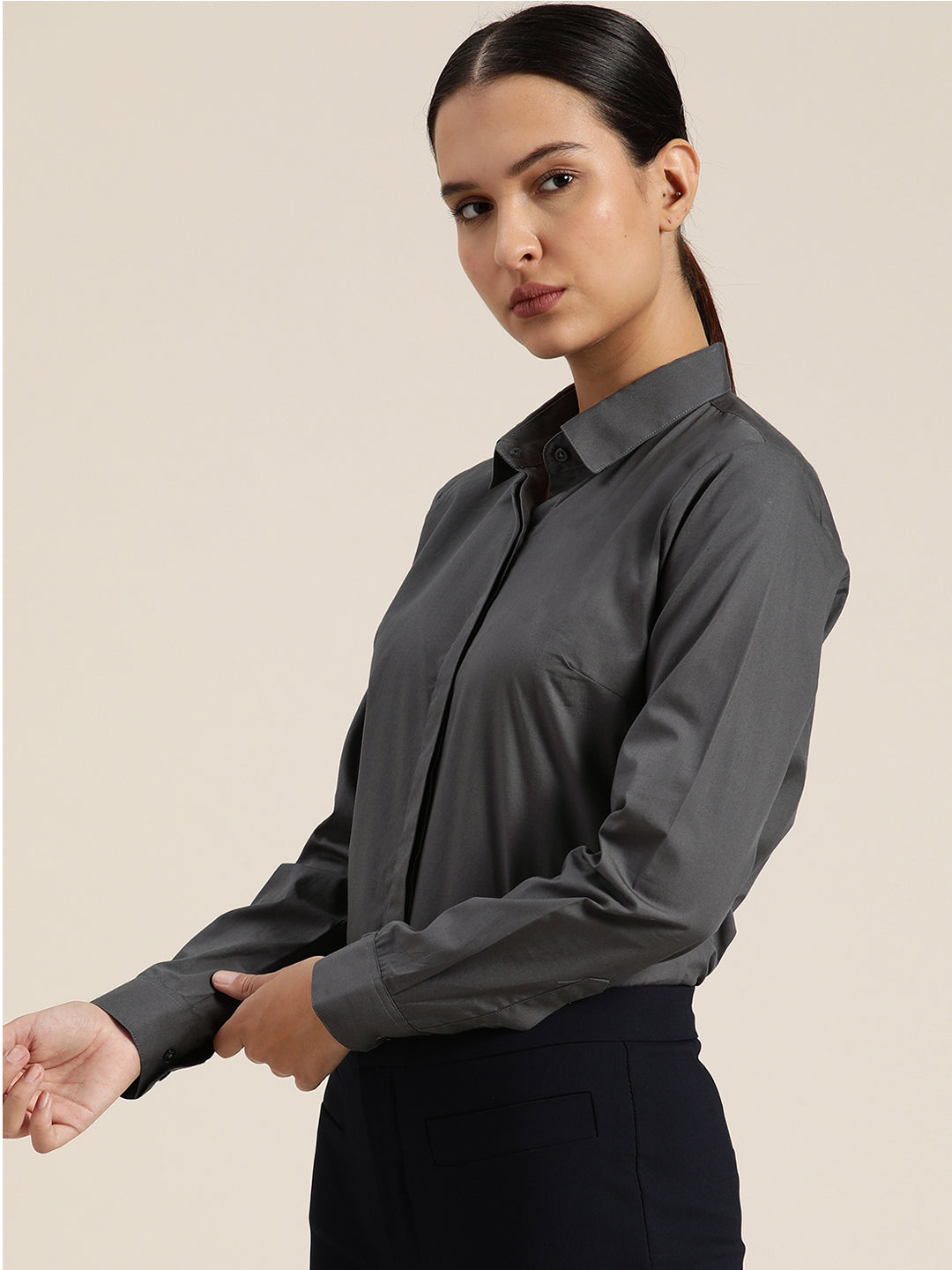 Women Dark Grey Solid Pure Cotton Regular Fit Formal Shirt