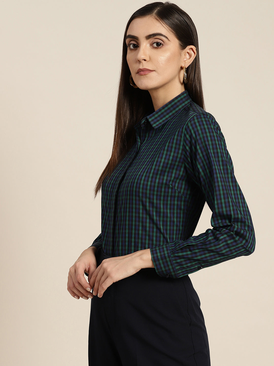 Women Navy & Green Checks Pure Cotton Slim Fit Formal Shirt