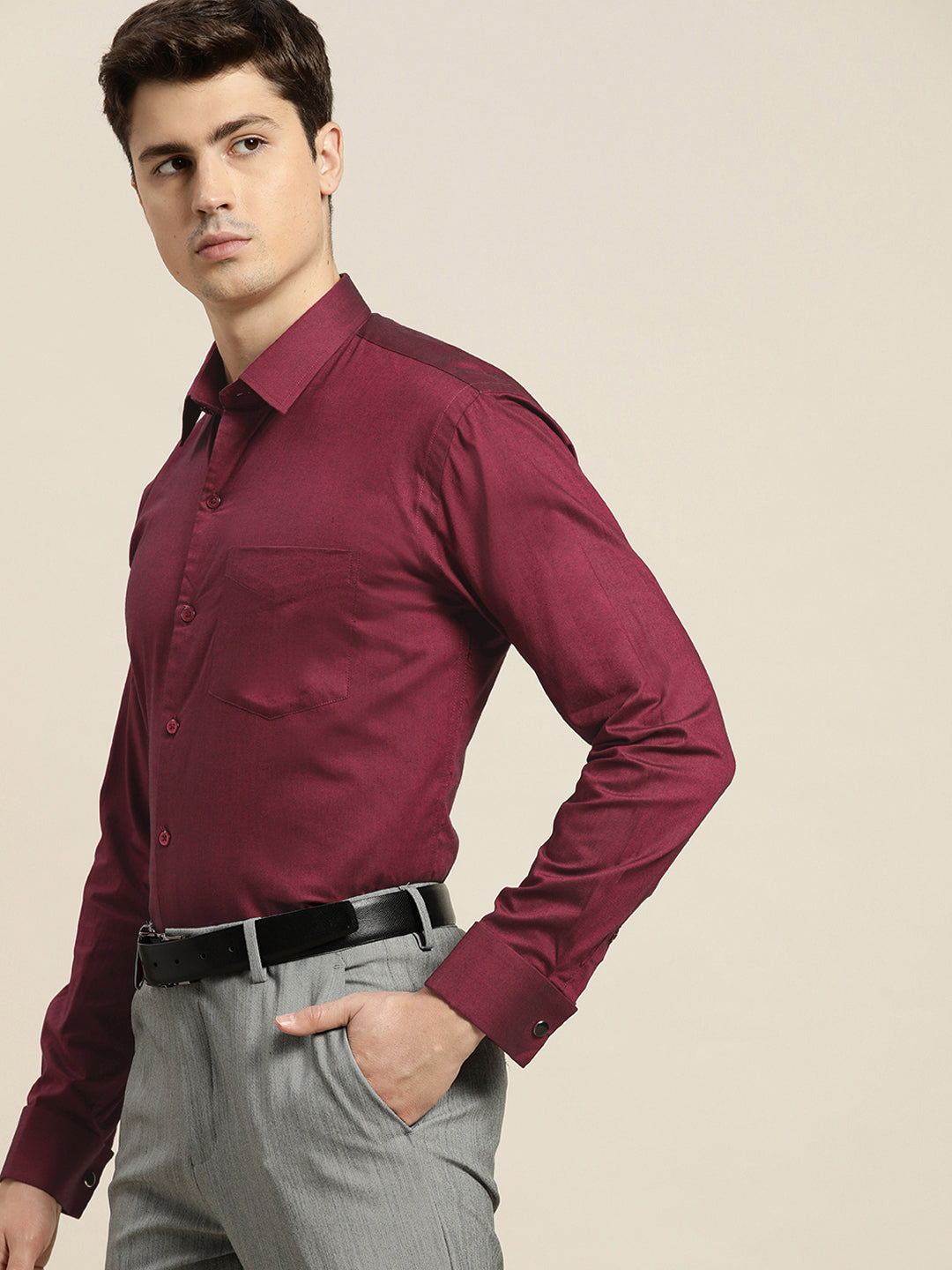 Men Maroon Solid Pure Cotton Slim Fit French Cuff Formal Shirts