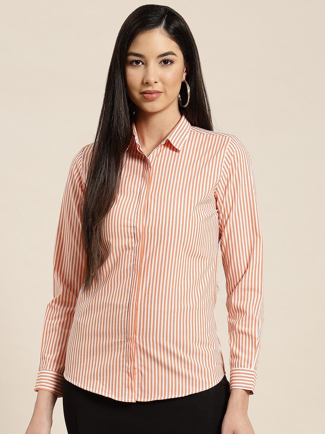 Women Orange & White Stripes Pure Cotton Slim Fit Formal Shirt