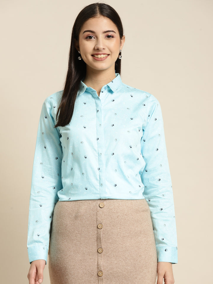 Women Sky Blue Printed Pure Cotton Slim Fit Formal Shirt