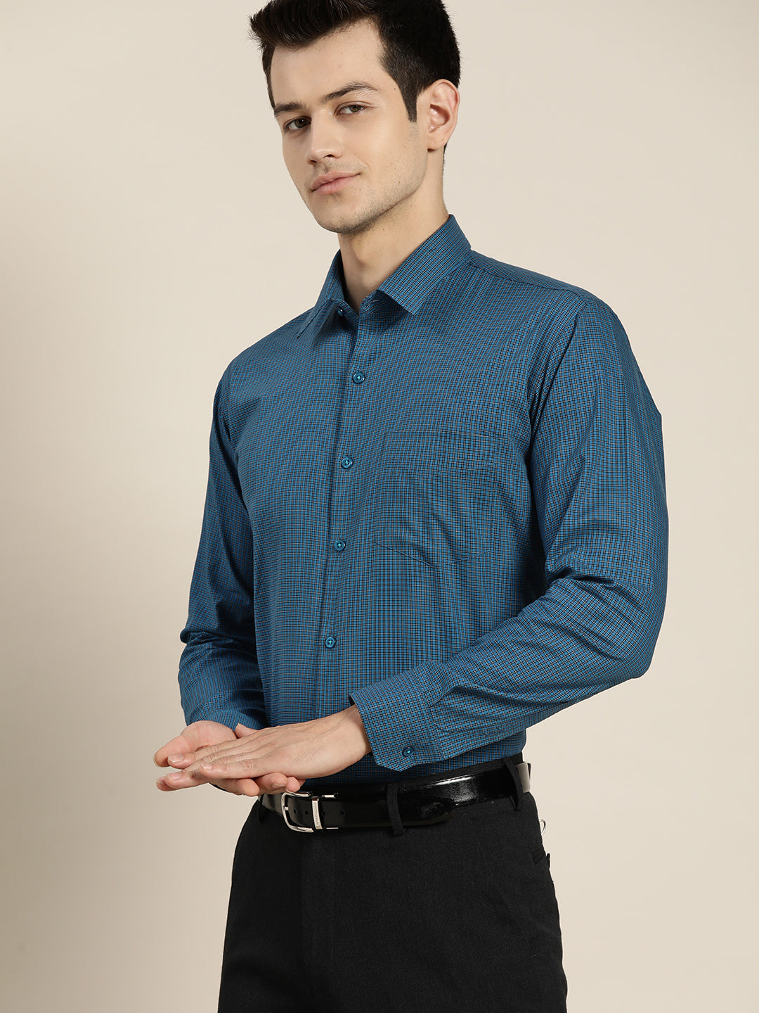 Men Blue Checks Pure Cotton Slim Fit Formal Shirt