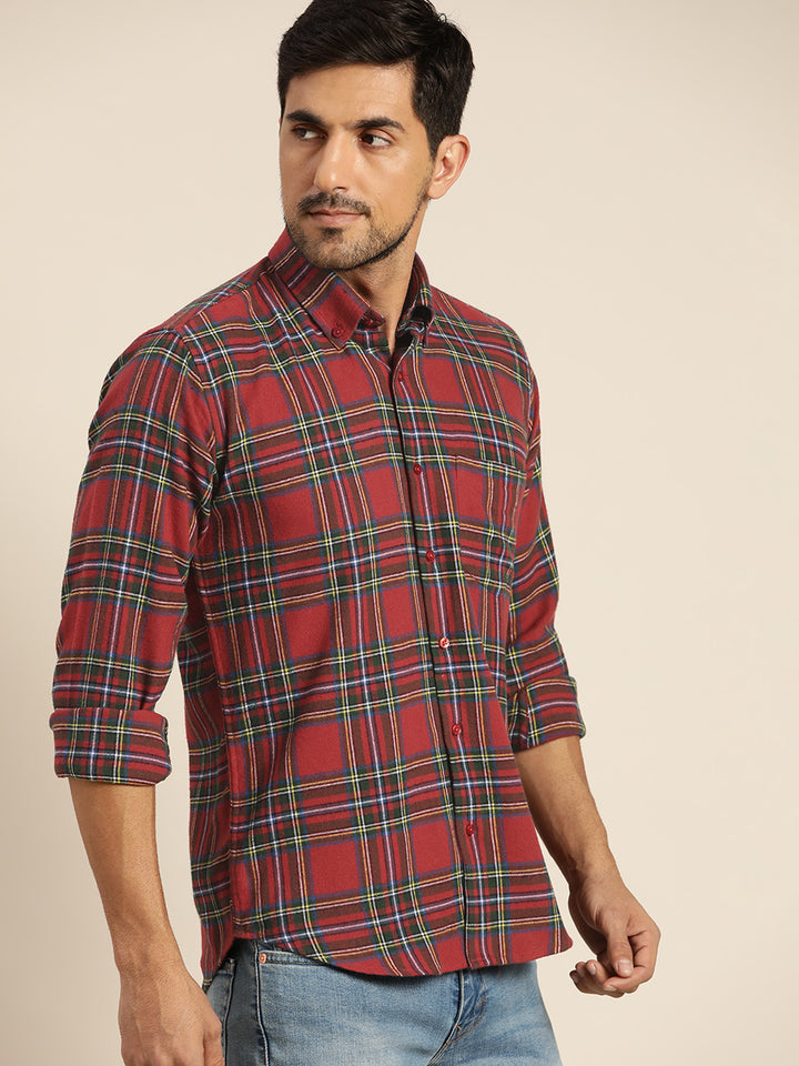 Men Red & Green Checked Pure Cotton Slim Fit Casual Shirt