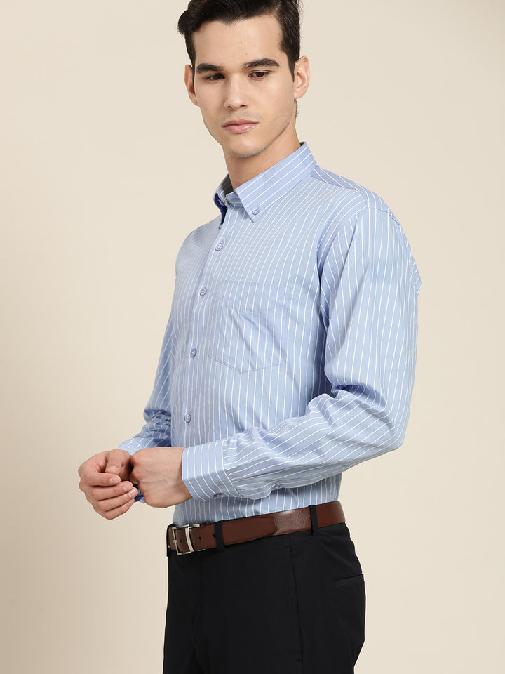 Men Blue Pure Cotton Striped Button Down Collar Slim Fit Formal Shirt