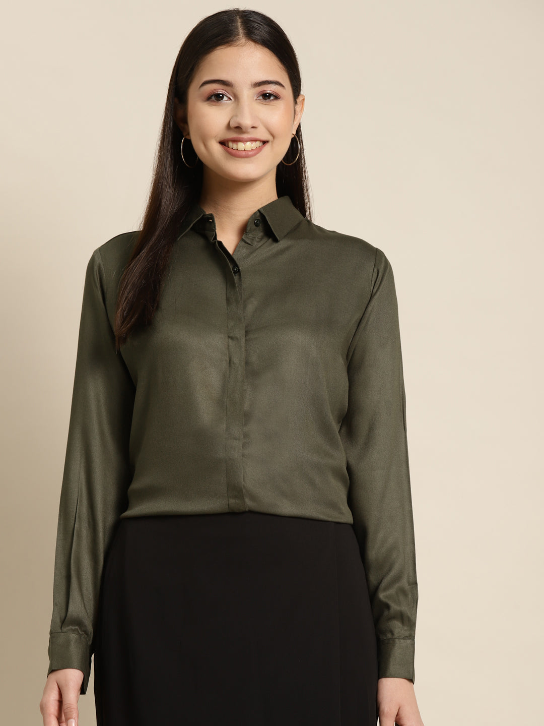 Women Olive Solid Viscose Rayon Regular Fit Formal Shirt