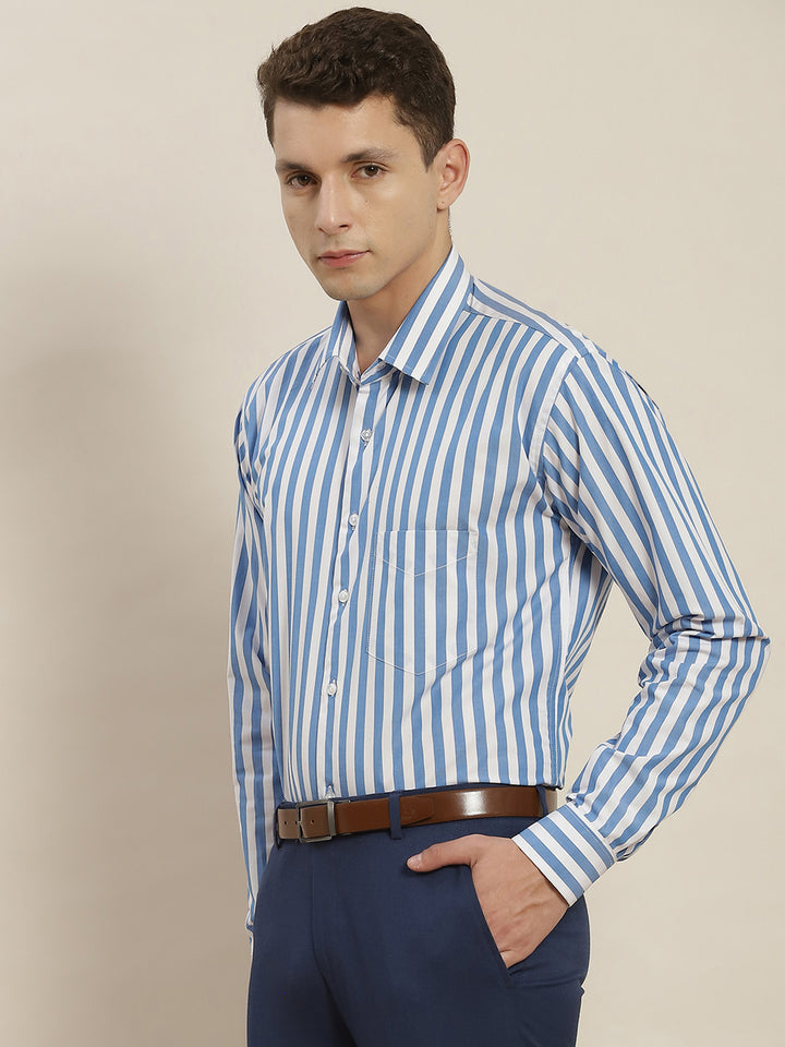Men Blue & White Striped Pure Cotton Slim Fit Formal Shirt