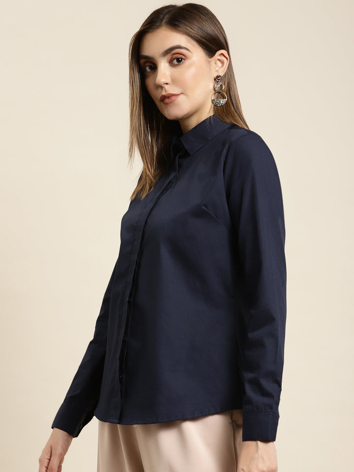 Women Navy Solid Pure Cotton Regular Fit Formal Shirt