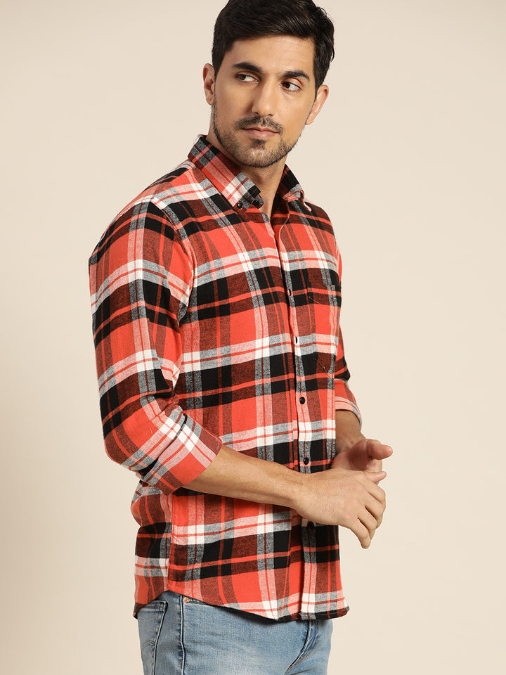 Men Red & Black Checked Pure Cotton Slim Fit Casual Shirt