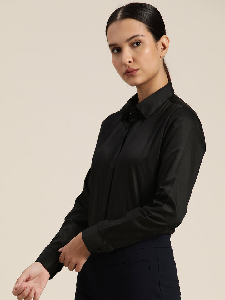 Women Black Solid Pure Cotton Satin Regular Fit Formal Shirt