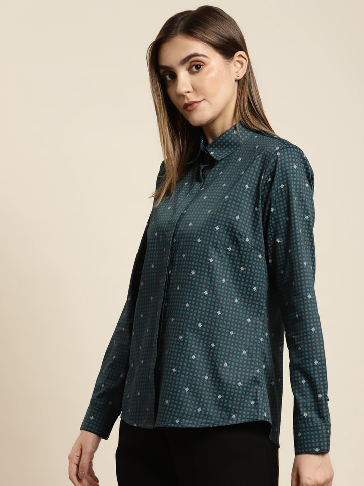 Women Navy Printed Pure Cotton Satin Regular Fit Formal Shirt