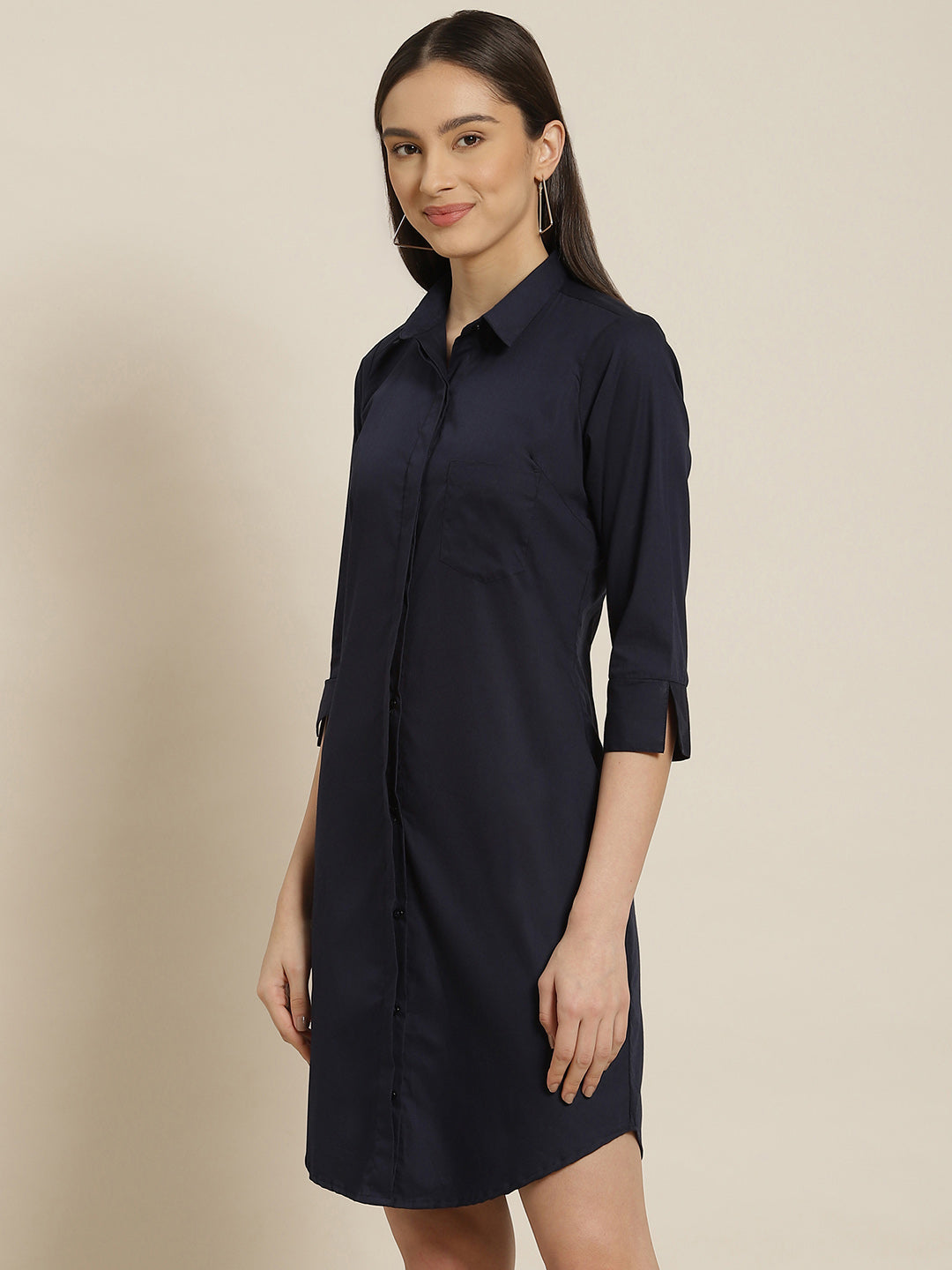 Women Navy Solid Pure Cotton Regular Fit Formal Dress