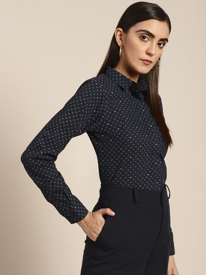 Women Navy & Blue Prints Pure Cotton Slim Fit Formal Shirt