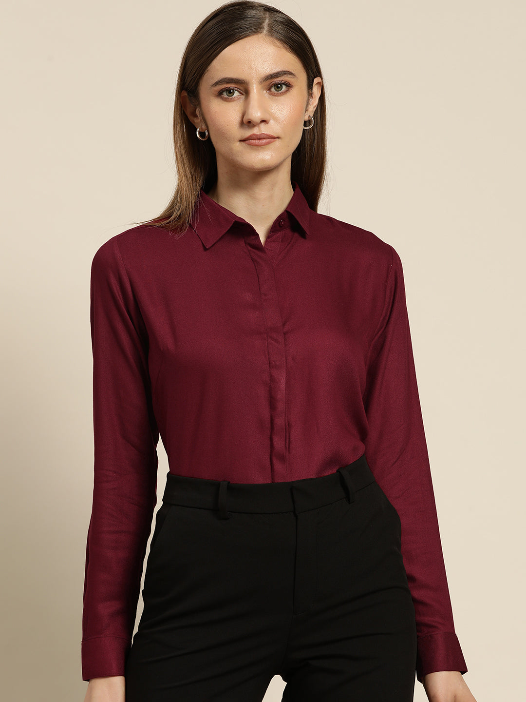 Women Burgundy Solid Viscose Rayon Regular Fit Formal Shirt