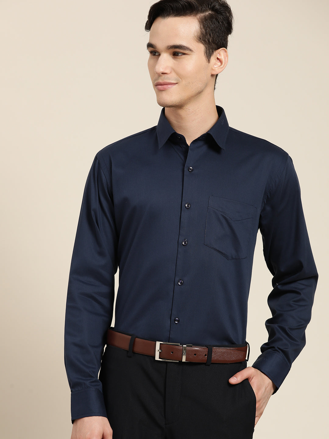 Men Navy Solid Pure Cotton Slim Fit Formal Shirt