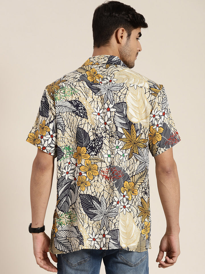 Men Mustard & Navy Printed Viscose Rayon Relaxed Fit Casual Resort Shirt