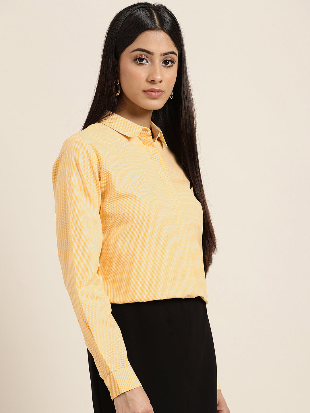 Women Yellow Checks Pure Cotton Slim Fit Formal Shirt