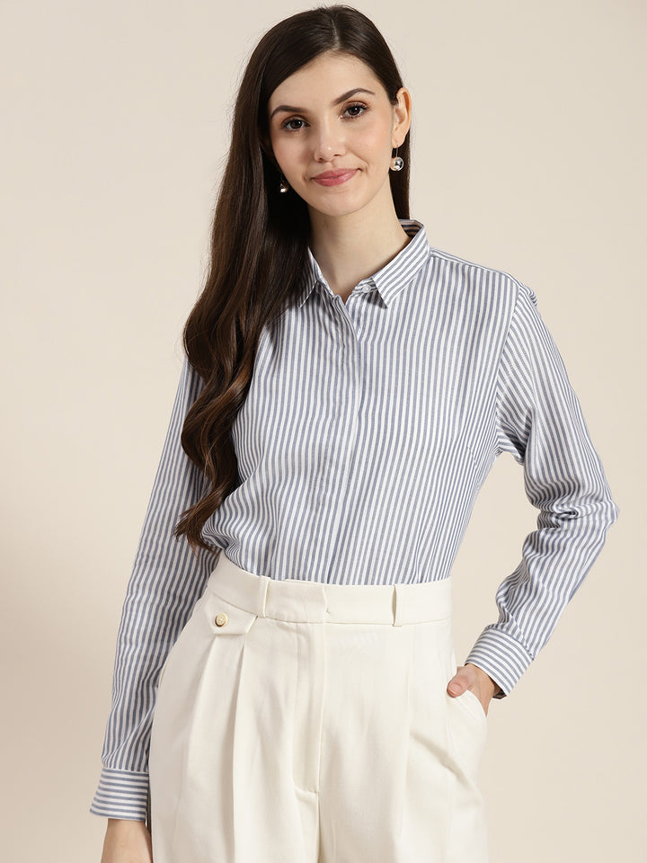 Women Blue & White Striped Pure Cotton Regular Fit Formal Shirt