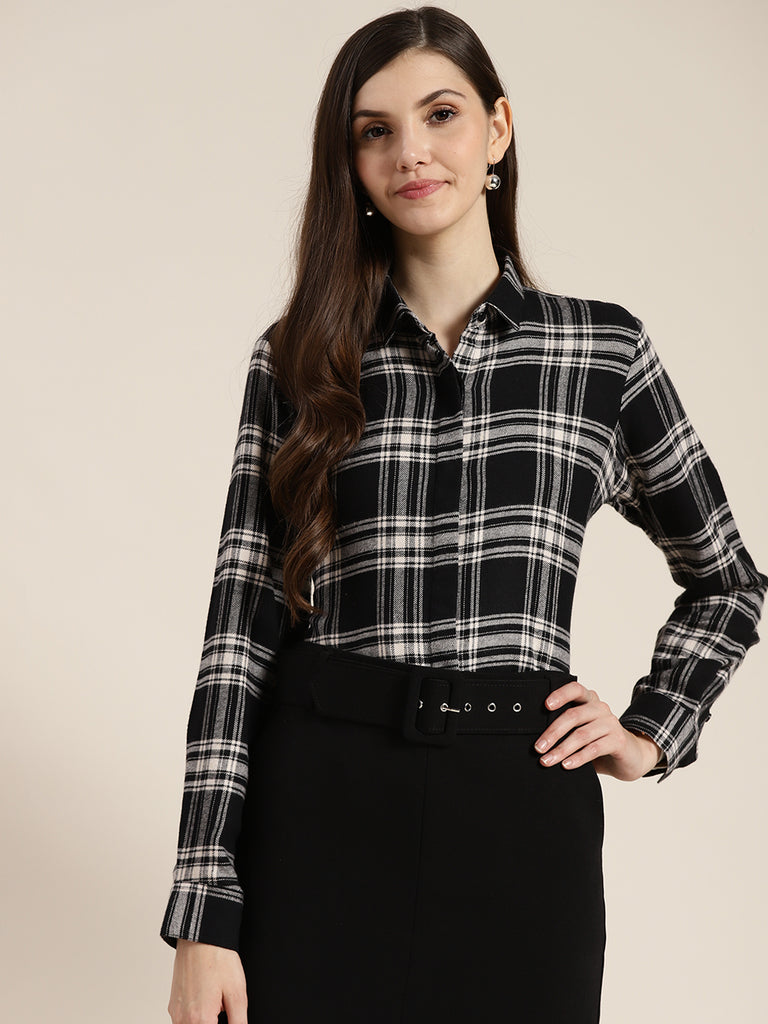 Women Black White Checked Pure Cotton Regular Fit Formal Shirt