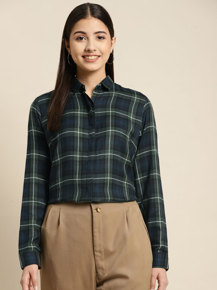 Women Navy & Green Checked Pure Cotton Regular Fit Formal Shirt