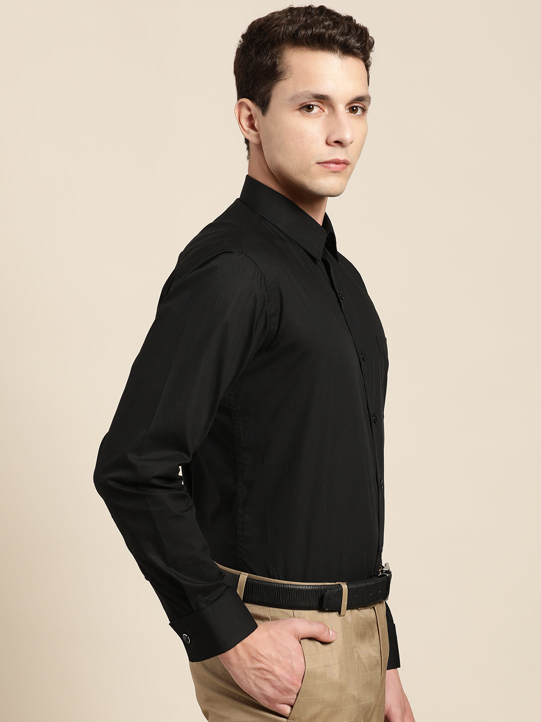 Men Black Solid Slim Fit Pure Cotton Satin French Cuff Formal Shirt