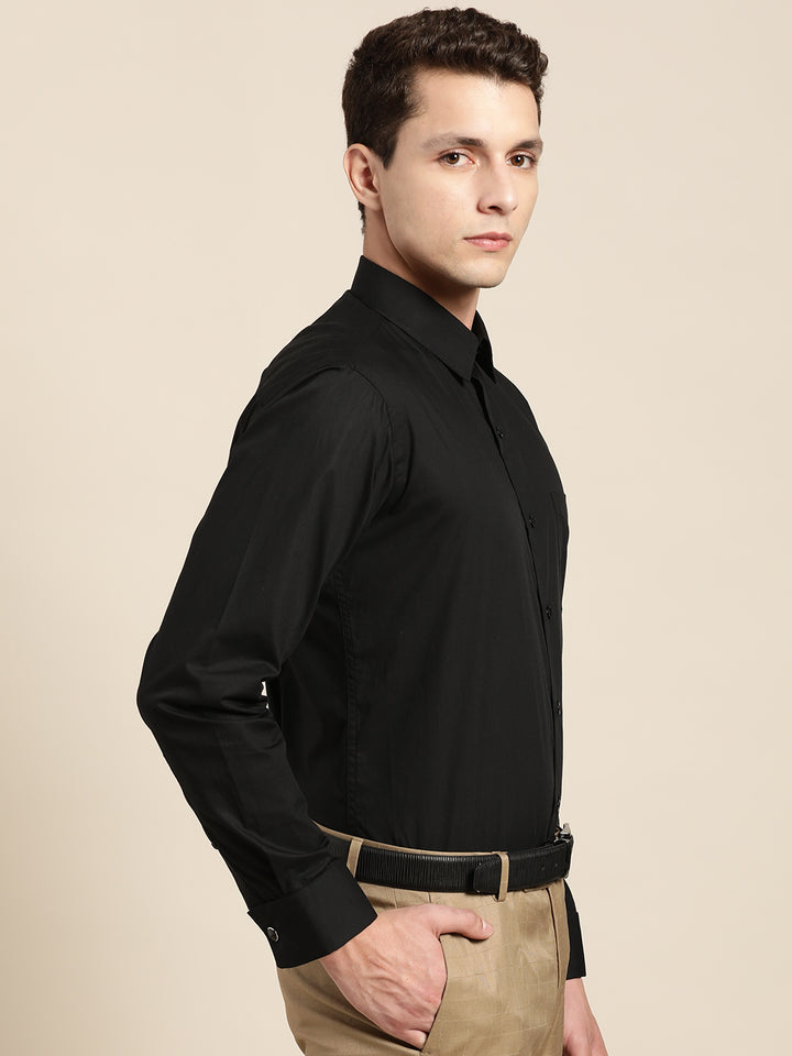 Men Black Solid Slim Fit Pure Cotton Satin French Cuff Formal Shirt