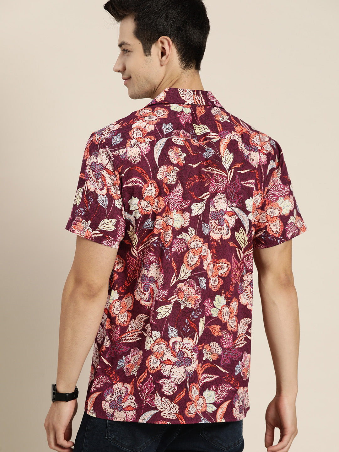 Men Burgundy Prints Viscose Rayon Relaxed Fit Casual Resort shirt