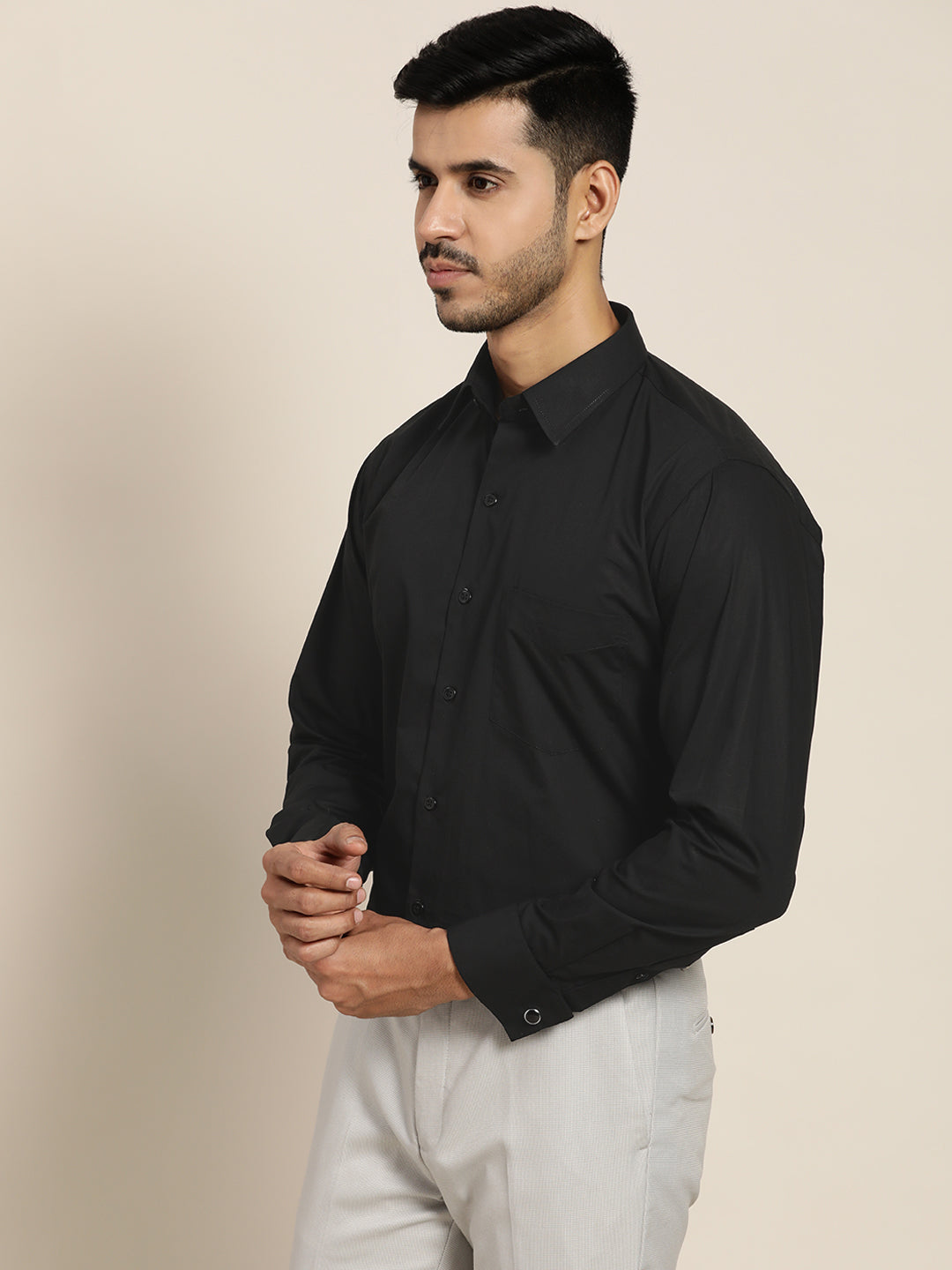 Men Black Solid Pure Cotton Slim Fit French Cuff Formal Shirts