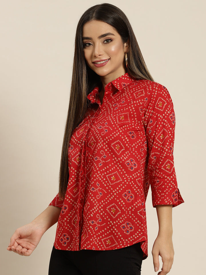Women Red Printed Pure Cotton Regular Fit Formal Shirt