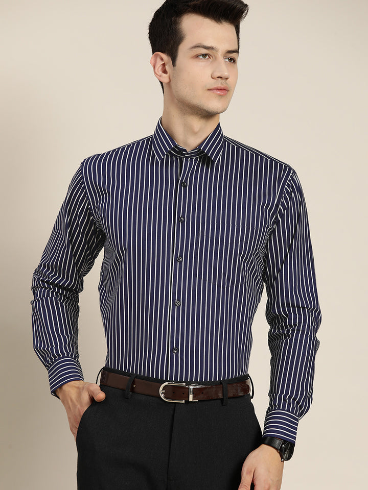 Men Navy Stripes Pure Cotton Slim Fit Formal Shirt