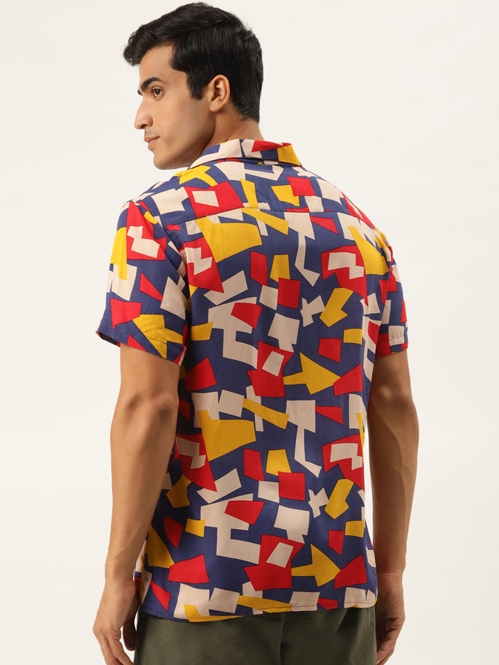 Men Red & Blue Printed Viscose Rayon Relaxed Fit Casual Resort Shirt