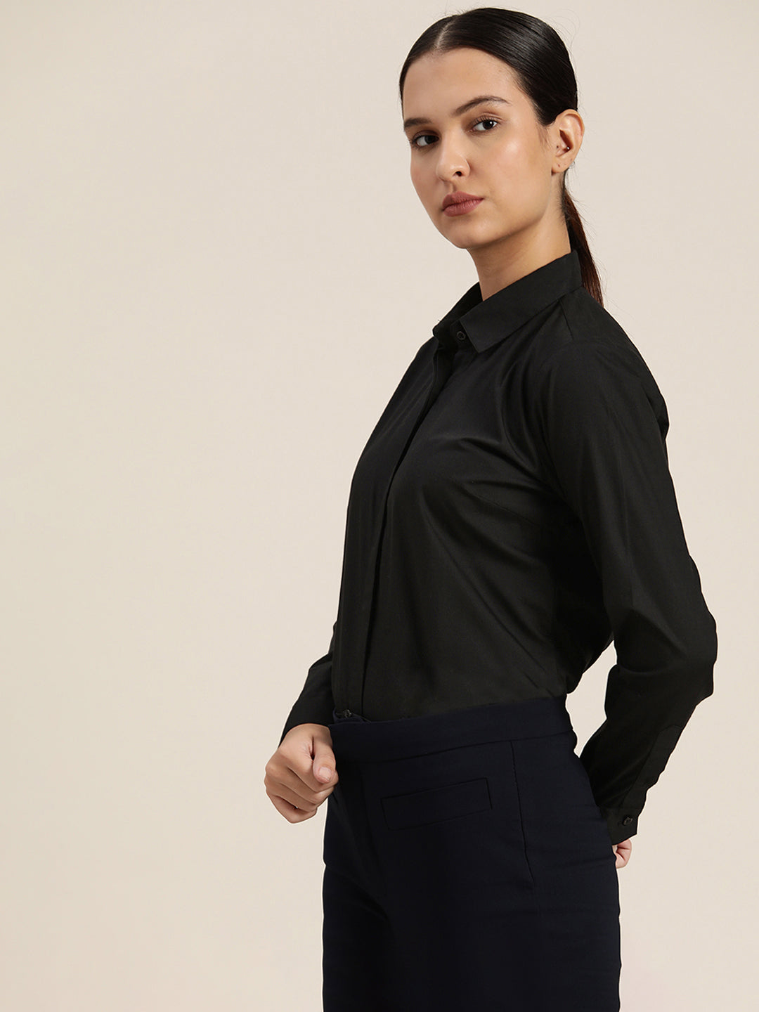 Women Black Solid Pure Cotton Regular Fit Formal Shirt