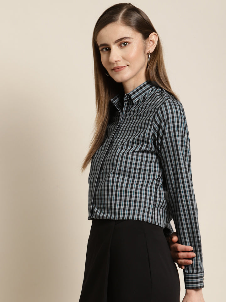 Women Black & Grey Checked Pure Cotton Slim Fit Formal Shirt