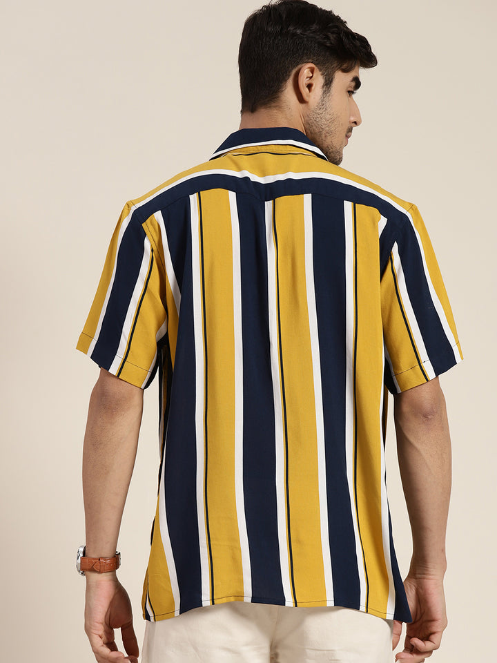 Men Navy & Mustard Striped Viscose Rayon Relaxed Fit Casual Resort Shirt