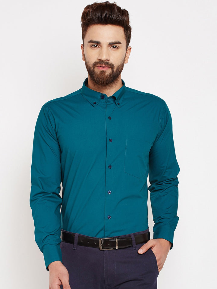 Men Bottle Green Solids Pure Cotton Slim Fit Formal Shirt