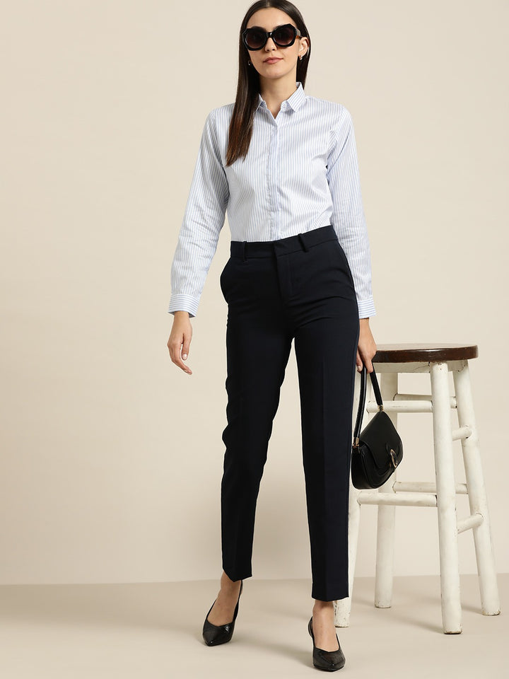 Women White & Blue Striped Cotton Slim Fit Formal Shirt